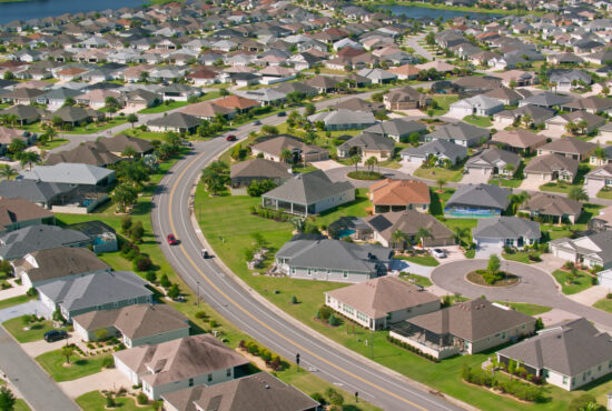 Aerial shot of houses in The Villages, a master planned retirement community in Central Florida.