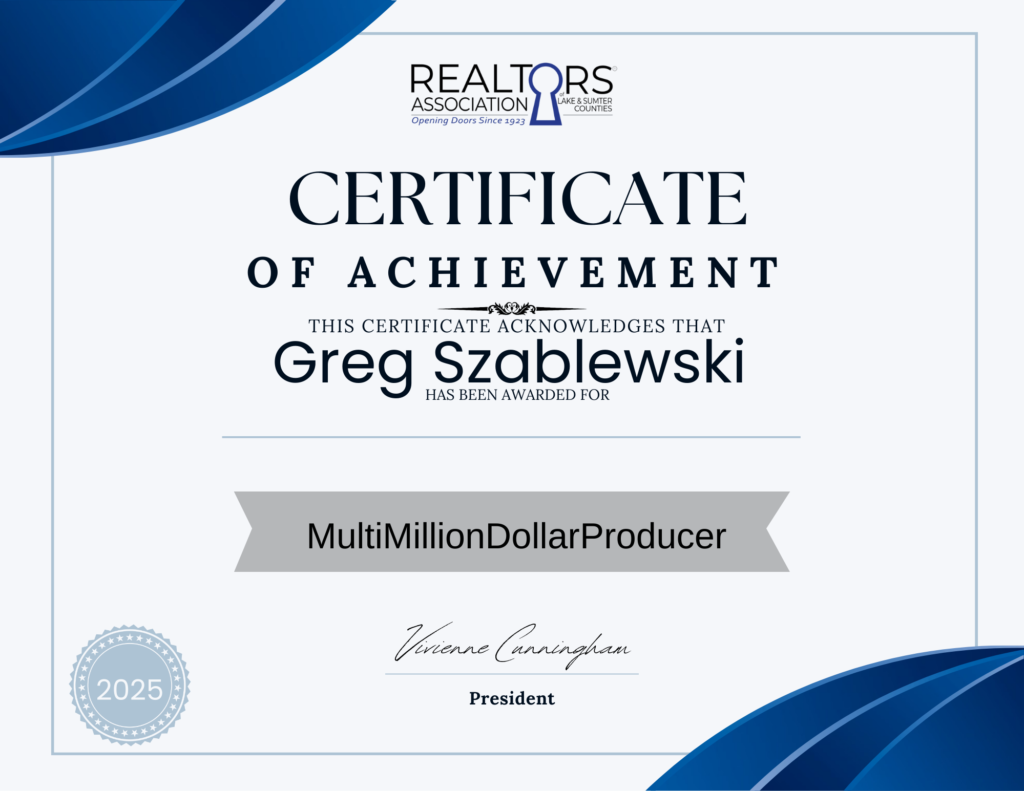 Greg Szablewski Multi Million Dollar Producer Award 2025 from the REALTORS Association of Lake and Sumter Counties